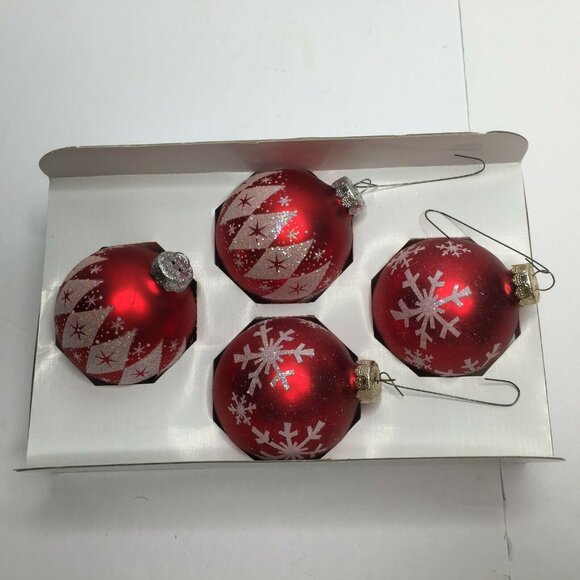 The Victoria Collection 4 Glass Red Ball Christmas Tree Ornaments Glitter Snow - Picture 5 of 6